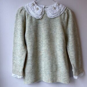 River Island White Ruffle Pearl Collar Sweater Size 6 Green Feminine Puff Sleeve